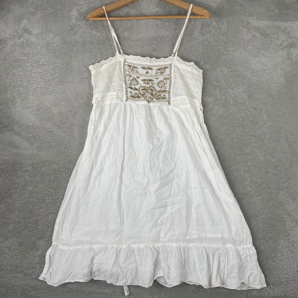 Magazine Embroidered Dress Womens M/L White Boho Cottage Ruffle Tiered Cotton